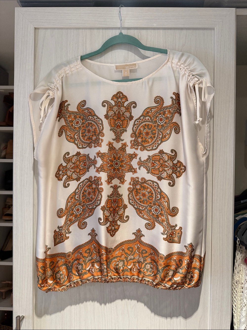 Michael Kors Cream Blouse with Orange Paisley Medallion